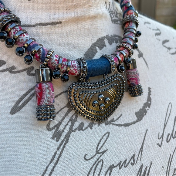 Tribal Boho Fabric, String and Metal Necklace - Picture 5 of 10